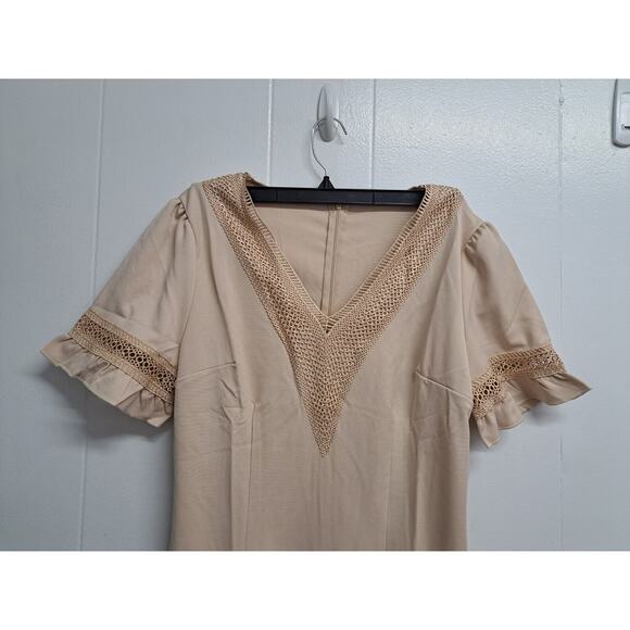 Women Dress Lace V Neck Ruffle Sleeve Casual Short Mini Dress Ligth Khaki Size M - Picture 2 of 14